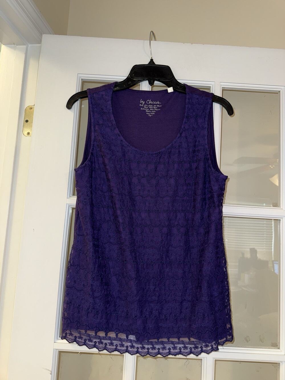 CHICO'S - PURPLE LACE-OVERLAY SLEEVELESS KNIT TOP – SZ 1 Unique Business Small